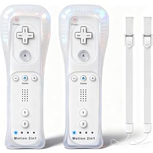 2 Pack Wii Remote Controller with Motion Plus, Wireless Controller for Nintendo Wii and Wii U, with Silicone Case and Wrist Strap, No Nunchucks (white)