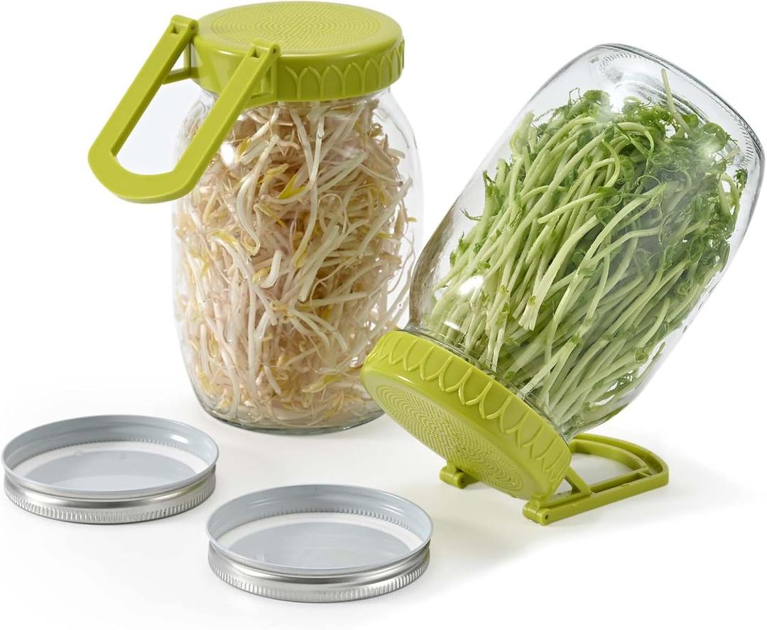 Complete Sprouting Kit - 1 Large Wide-Mouth Mason Jars 32 Oz, 2 Foldalbe Screen Lids with Draining Stand, 1 Metal Canning Lids, Bean Sprouts Grow Kit for Broccoli alfalfa