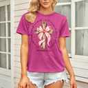 2 x Christian Shirts for Women: Cross T-Shirt Pink Bow Graphic Tee Fall Bible Verse Shirt Religious Faith Tops (Pink, S)