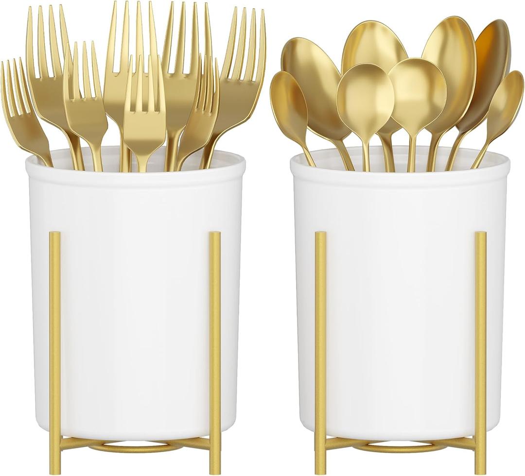 Lifewit 2-pack Plastic Silverware Holder for Kitchen Countertop, Cutlery Flatware Caddy with Metal Brackets, Utensil Spoon Fork knives Organizer for Party Picnic, Gold