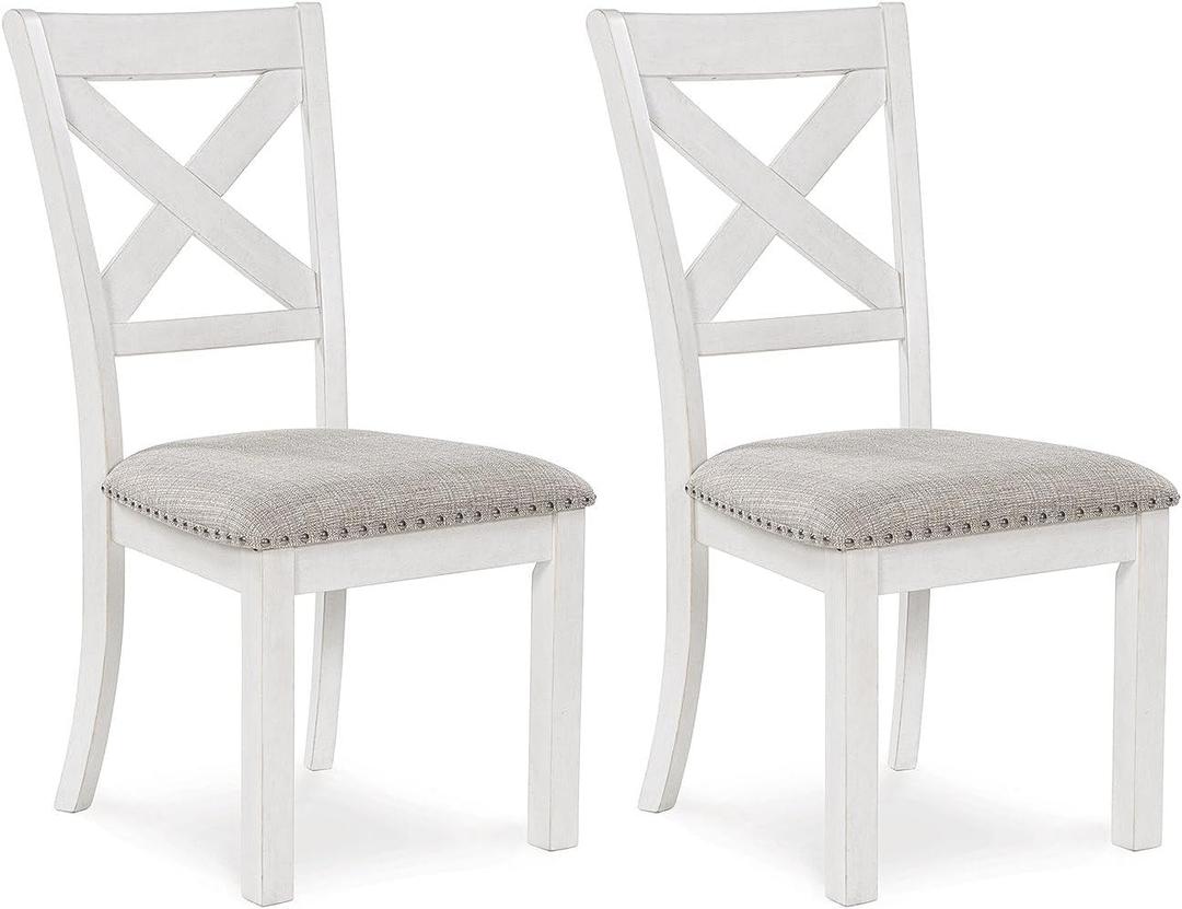 Signature Design by Ashley Robbinsdale Casual Upholstered Solid Wood Dining Chair with Nailhead Trim, Set of 2, White & Light Gray