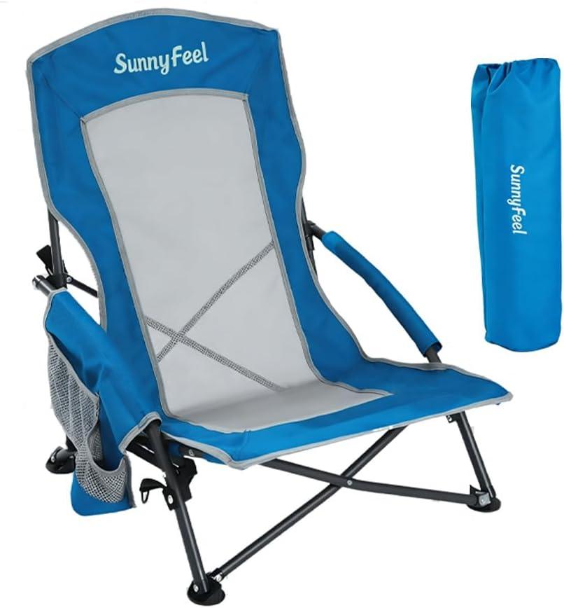 SUNNYFEEL Low Folding Beach Chair for Adults, Portable Lightweight Sling Beach Camping Chairs with Cup Holder, Armrest,Foldable Camp Lawn Chair for Outdoor Sand Concert Travel Sport Events,300LBS