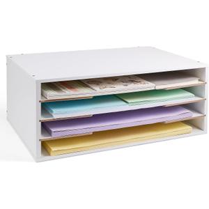 Yumkfoi 12x18 Construction Paper Organizer, 4-Tiers Paper Storage Shelf, Wooden Desk Organizer, File Holder and Letter Tray for Office, Home, Classroom
