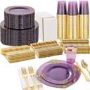 Nervure 350PCS Purple Plastic Plates - Purple Plastic Dinnerware Sets for 50 Guests - 100 Disposable Plate, 150 Gold Silverware, 50 Cups, 50 Napkins for Wedding & Party