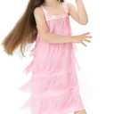 Leadtex Girl's 20s Flapper Dresses Costume Dress Childrens Party Fringed Dresses with Feather Headband, (XL(12-14), Pink)
