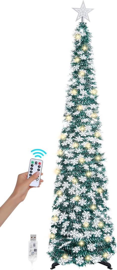 SINTENILL 6 FT Pop Up Christmas Tree with 100 LED Timer Lights & Remote, Green Collapsible Christmas Tinsel Tree Artificial Pencil Tree Xmas Decoration for Holiday Home Office Party, USB Powered (Peacock Green - Snowflakes)