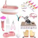 Kitten Starter Kit - 16 Pcs Cat Essentials Set Includes Litter Box, Toys, Collars, Scratch Pad, Nail File, Automatic Feed Bowls, Grooming Gloves (Pink, 16 Pcs)