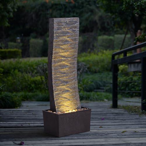 MSEONWXI Curved Outdoor Waterfall Fountain, 36.2" Elegant Outdoor Water Fountain with LED Lights for Patio, Garden, Backyard, Modern Large Relaxing Water Feature (24382)