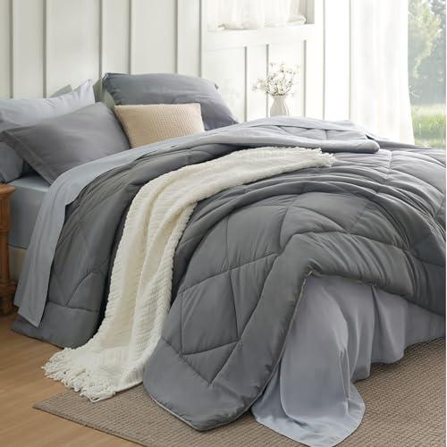 Bedsure Full Size Comforter Set - 7 Pieces Reversible Grey Bedding, Full Size Bed Set for All Seasons, Bed in a Bag with Down Alternative Comforter, Sheets, Pillowcases & Shams