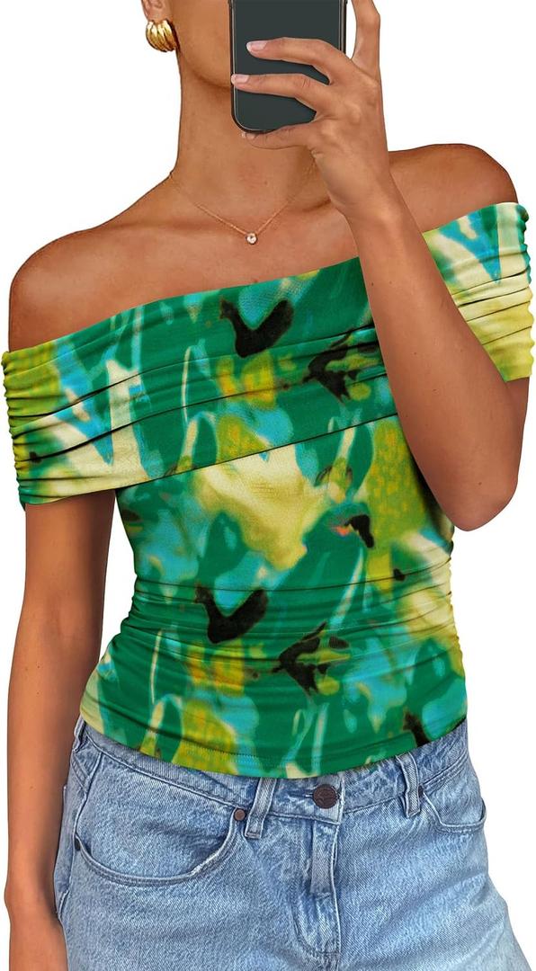 PRETTYGARDEN Women's Off The Shoulder Short Sleeve Ruched Slim Fit Blouse (M)