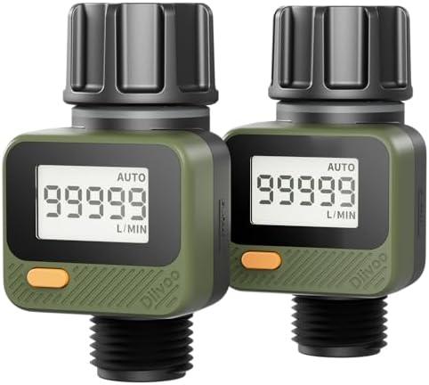 Diivoo Water Flow Meter with 180° Removable Panel, 4 Measure Modes, ±5% High Accuracy and IP54, Measure Gallon/Liter Consumption and Flow Rate for Garden Hose Watering, RV Water Tank Filling 2 Pack