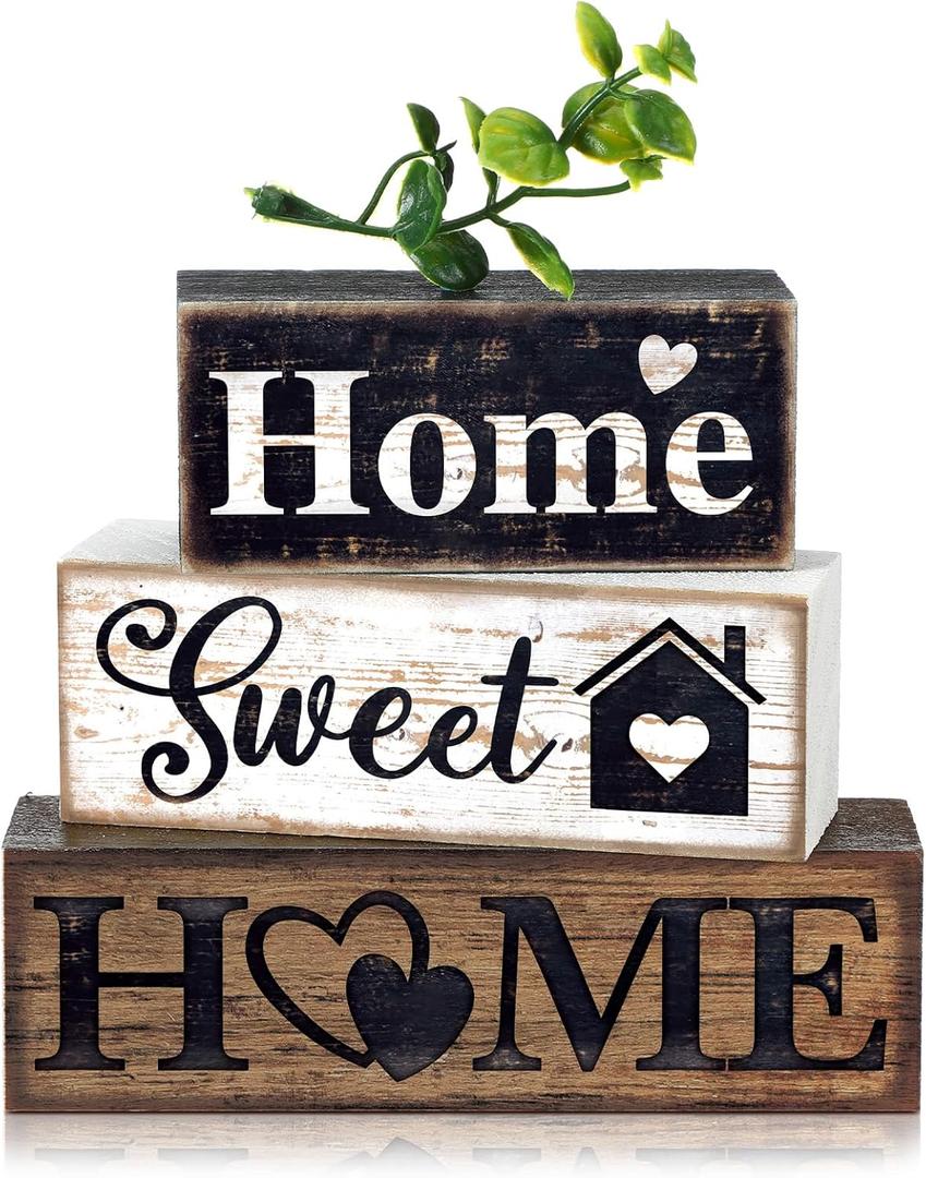 Moucuny 4 Pcs Farmhouse Wooden Tabletop Decor Farmhouse Tiered Tray Decor Rustic Eucalyptus Leaves Wood Block Sign Gift Sweet Home Centerpiece Home Table Decortion