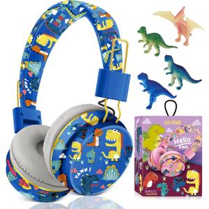 QearFun Dinosaur Bluetooth Headphones for Boys - with Microphone & 3.5mm Jack, Adjustable Headband for Kids Teens Toddlers, School iPad Tablet PC Smartphones Compatible (Blue)
