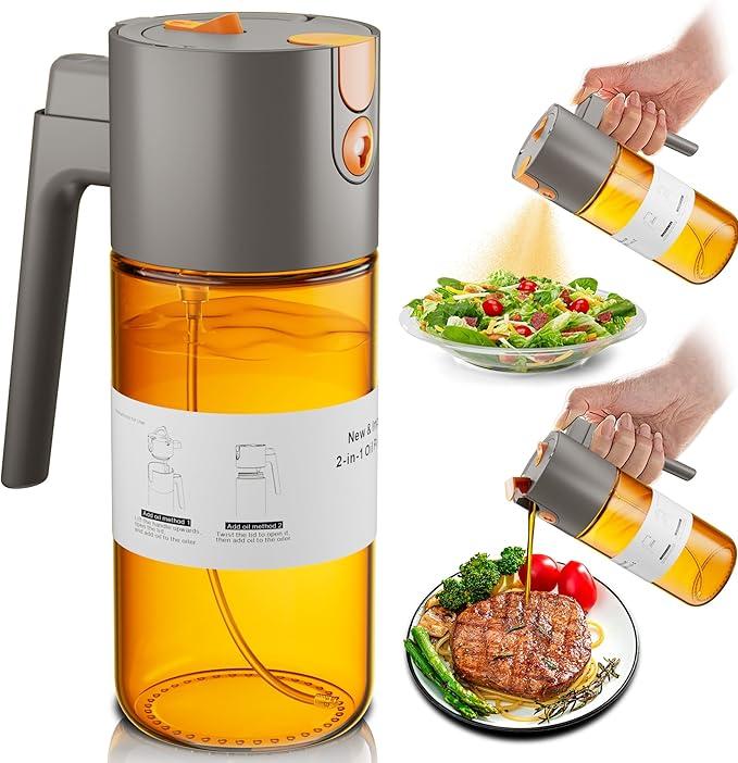 OURCABECUE Upgrade 2 in 1 Oil Sprayer for Cooking, 17oz LightBlocking Glass Olive Oil Dispenser Bottle for Kitchen,FoodGrade Oil Mister with 8 Stickers for Salad, Frying (Grey)