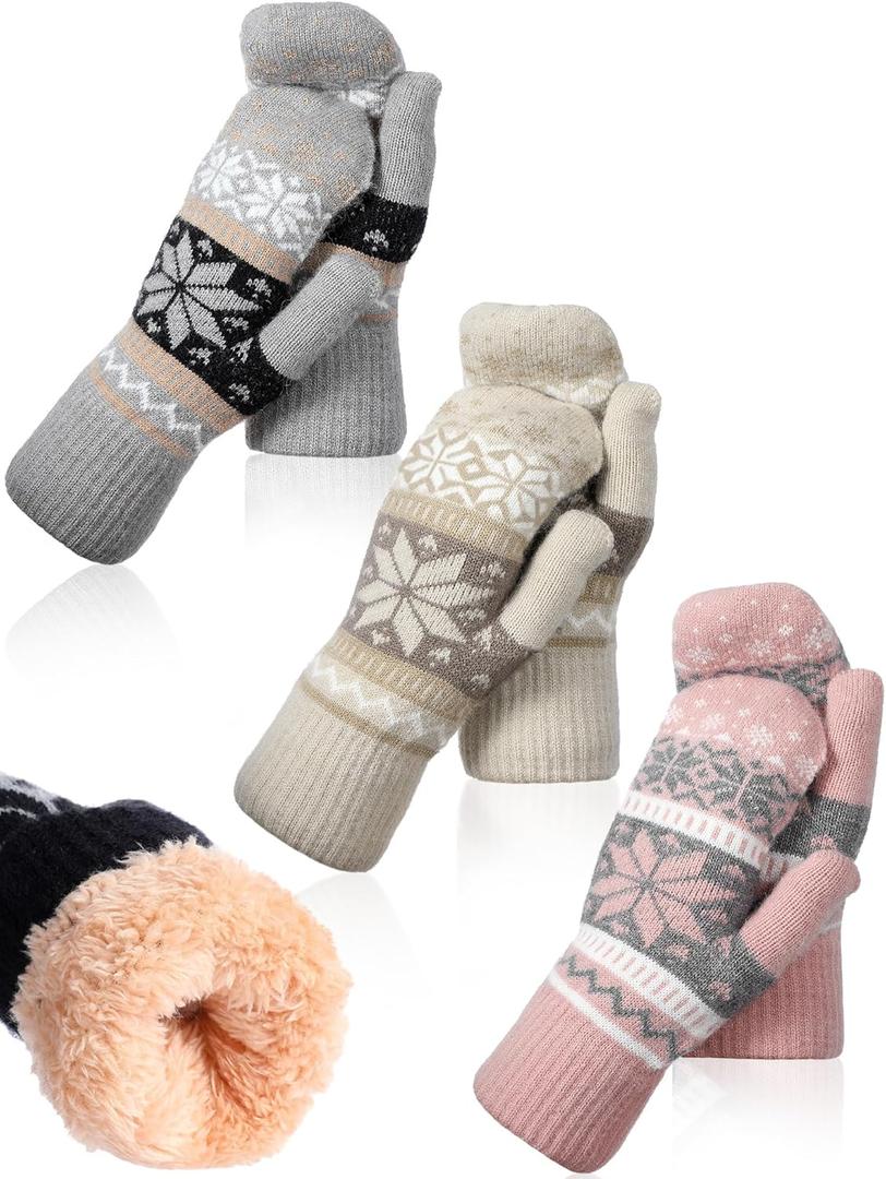 Vicenpal 3 Pairs Women Winter Mittens Snowflake Mitten Fleece Lining Cozy Wool Glove Cold Weather Thick Warm Knitted (Bright)