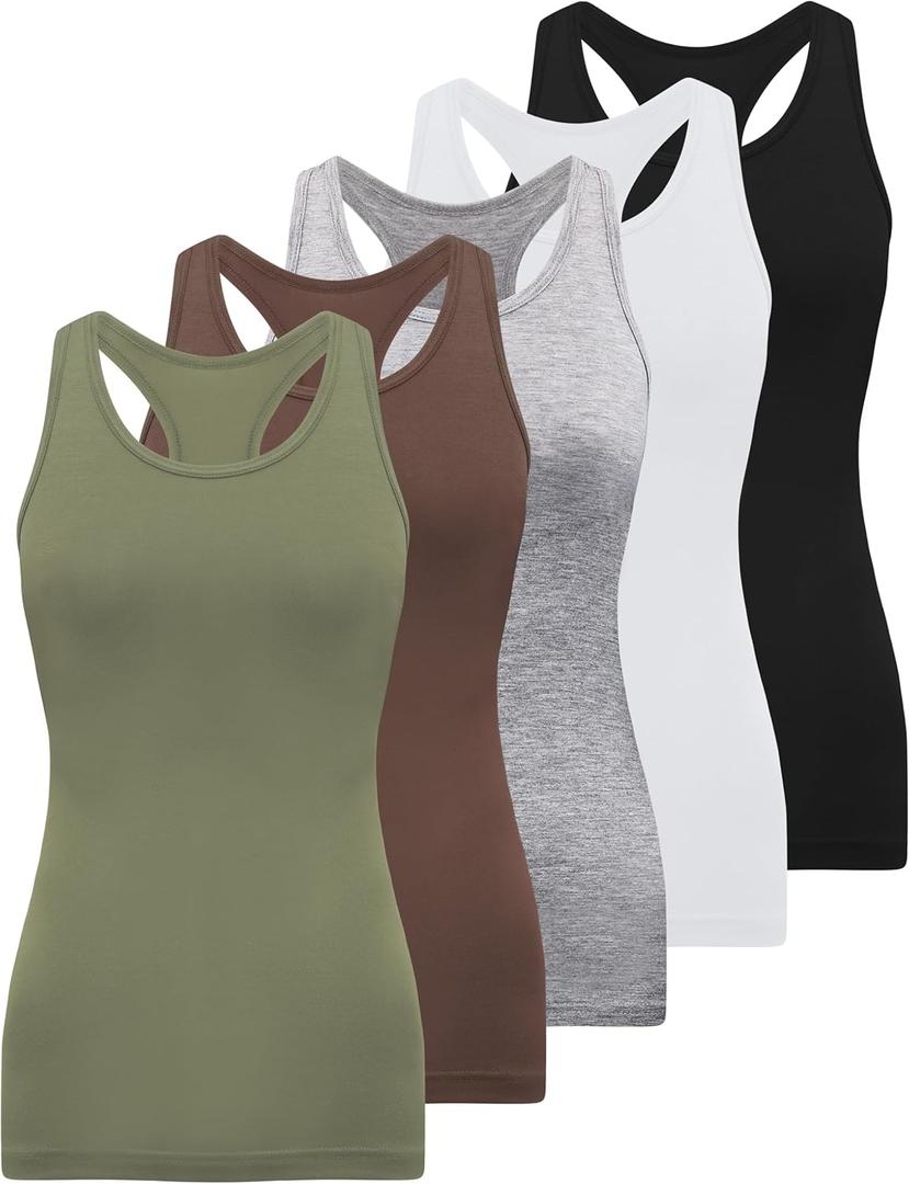 BQTQ 5 Pack Racerback Tank Tops for Women Sleeveless Workout Tank Top Ladies Undershirts Slim Fit Tanks Tops (XX-Large, Black, Gray, Whit, Coffee, Army Green)