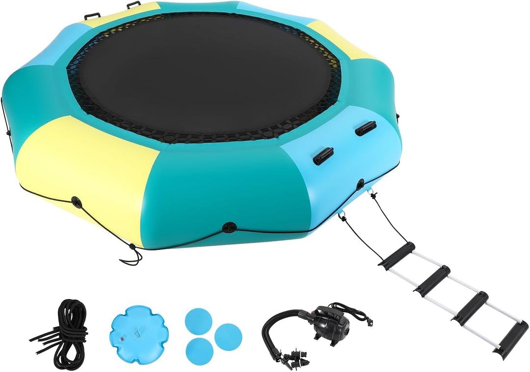 Inflatable Water Trampoline, 15FT Recreational Water Bouncer w/Electric Inflator, Rope Ladder, Mooring Ropes, Anchor, Adults Youth Bounce Swim Platform for Lakes, Pools