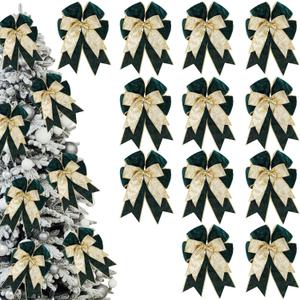 Chunyin 12 Pack Green Velvet Christmas Tree Bows Ornaments 6.3 x 9.5 Inch Double Layer Christmas Wreath Bow Glitter 2025 Xmas Bow Gifts for Xmas Tree Home Garland Winter Party Decorations