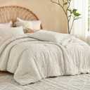 Litanika King Size Comforter Set Beige, 3 Piece Cream Boho Tufted Bedding, Fluffy Farmhouse Bed Set for All Season with 2 Leaf Pattern Pillowcases104x90In