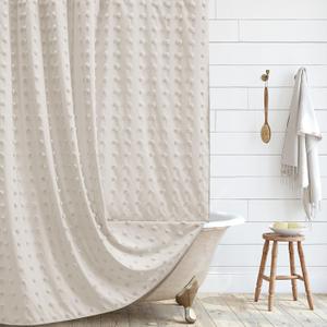 Boho Farmhouse Beige Shower Curtain, 72 x 72 Tufted Pleat Floral Puffs Textured Modern Farmhouse Minimalist Shower Curtain Set with Hooks for Bathroom
