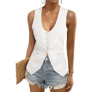 Tankaneo Womens Scoop Neck Blazer Vest Summer Linen Sleeveless Fitted Waistcoat Work Casual Cotton Suit Tops, XS