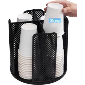Rotatable Cup and Lid Organizer with 4 Compartments, Coffee Cup Dispenser for 5-16 oz Paper Cup Storage Organizer for Home Countertop Bathroom Kitchen Coffee Shop Restaurant Bar Office (Black)