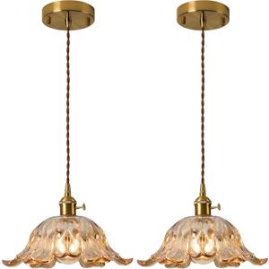 2 Pcs/Package Amber Glass Pendant Light Fixtures,Vintage/Antique Champagne Gold Pendant Lights Kitchen Island over Sink/Table,Orange Pendant Glass Chandelier for Bedroom Hotel Dining Room Hanging Down