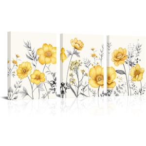 sechars Yellow Flower Canvas Wall Art Vintage Floral Painting Pictures Decor Modern Bedroom Bathroom Decoration (Yellow)
