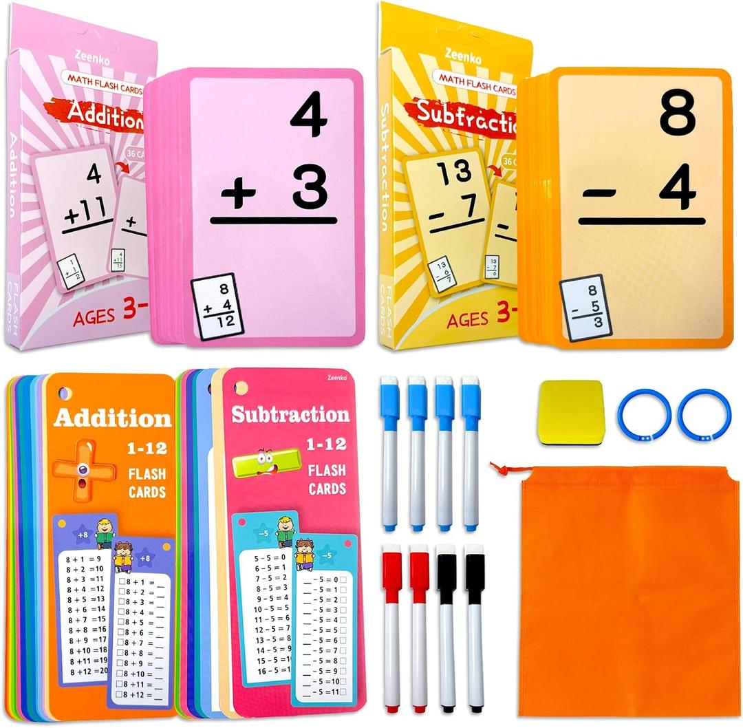 Addition and Subtraction Flash Cards- 102 Reusable Math Practice Cards with Addition, Subtraction, Educational Math Flashcards for Kids,Games for Kids Ages 3+ | Spark Skills & Fun Learning