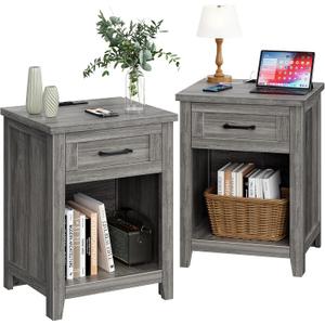 Decofy Farmhouse Nightstand Set of 2 with Charging Station, Grey Oak
AC Outlets, USB And Type C Ports, Drawer Storage, Open Shelf, Modern End Table For Bedrooms and Living Rooms