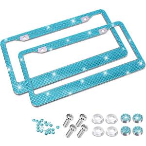 Bling Car License Plate Frames, 2PCS Crystal Rhinestone Stainless Steel Vehicle License Holder, Diamond Sparkly Handmade Glitter Automotive Plate Cover Accessories, Universal Fit (Blue)