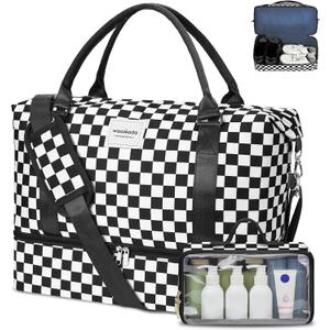 WOOMADA Weekender Overnight Bag for Women, Carry on Shoulder Travel Duffel with Shoes Compartment,Gym Bag with Toiletry Bag (Black Checkerboard)