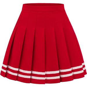 Women Pleated Skirt A-Line Short Mini Basic Skirt School Uniform Cheerleader Skirts Skater Skirt (Red White Strip)