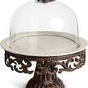 Glass Domed Cake Pedestal with Acanthus Leaf Ornate Brown Metal Base and Cream Ceramic Plate