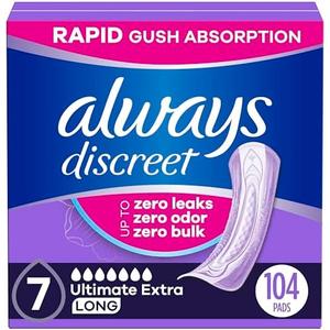 Always Discreet Adult Incontinence Pads for Women, Ultimate Extra Absorbency, Long Length, Postpartum Pads, 104 Count (4 Packs of 26) Always Discreet Adult Incontinence Pads for Women, Ultimate Extra Absorbency, Long Length, Postpartum Pads, 104 Count (4 Packs of 26)