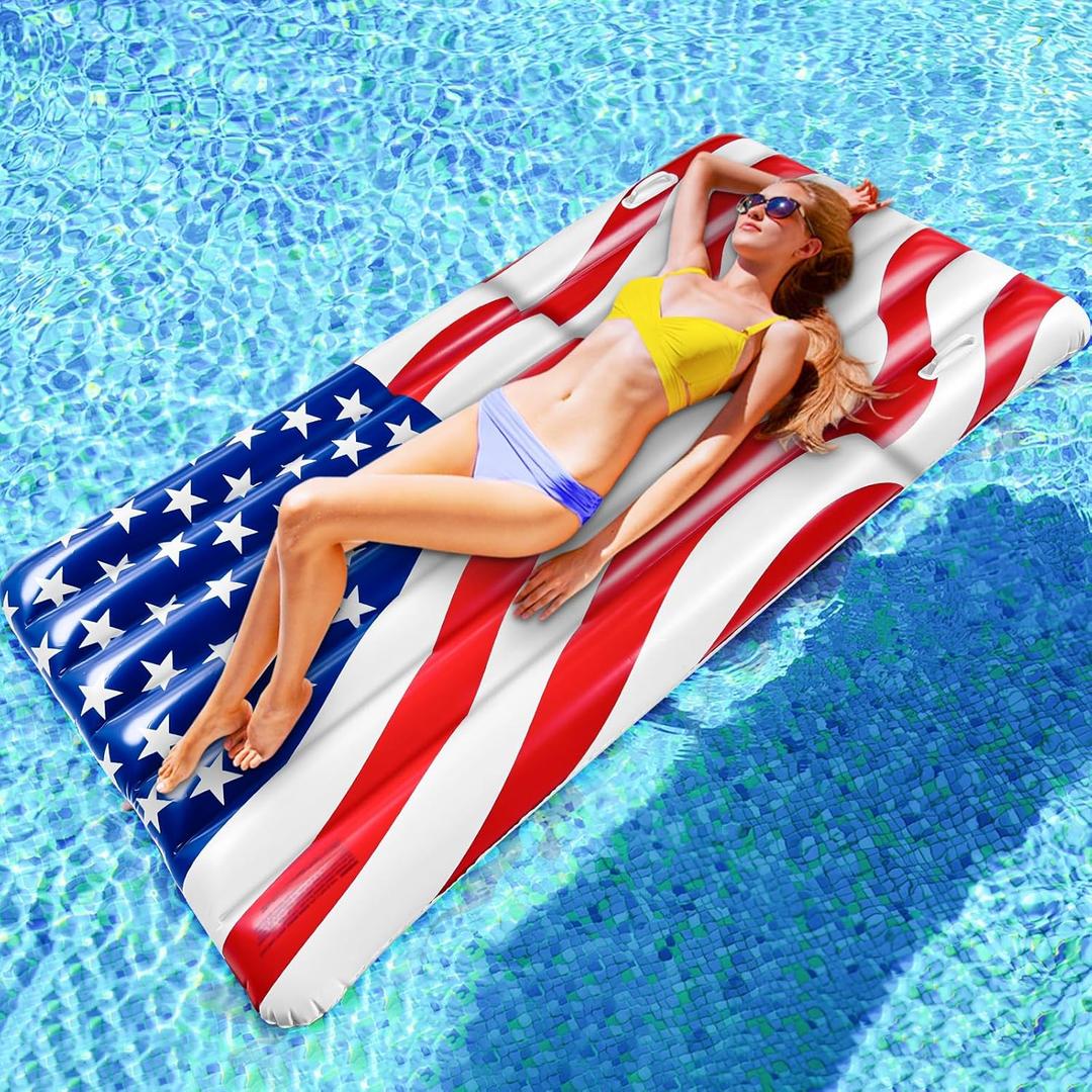 72" Inflatable American Flag Pool Floats Adults, Inflatable Tanning Pool Raft with Patriotic US Stars Cool Water Swimming Pool Floaties Lake Lounger Pool Float for Adults 250th Anniversary 4th of July