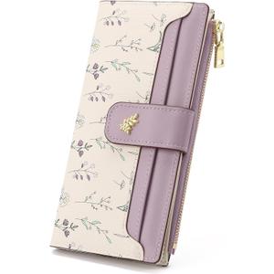 GAEKEAO Womens Wallet Slim Thin RFID Blocking Floral Vegan Leather Card Holder Bifold Long Ladies Wallet with Zipper Pocket (Purple)