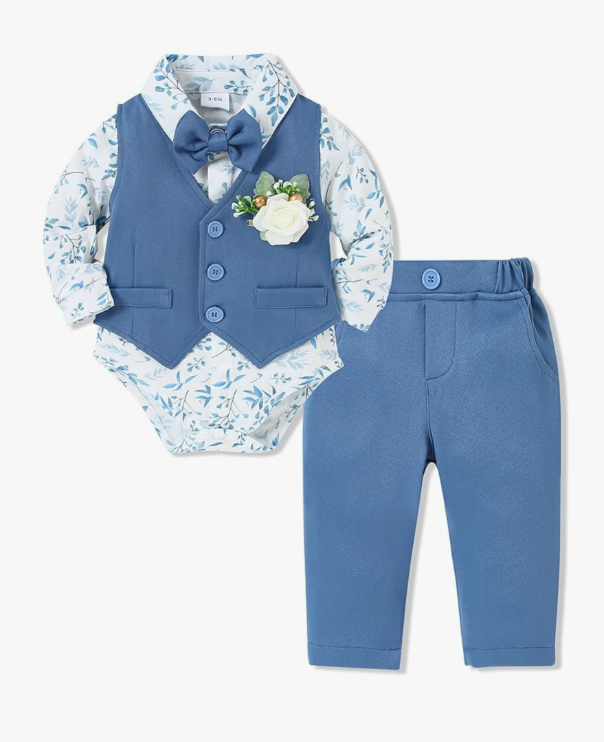 SANMIO Baby Boy Clothes Suits Infant Gentleman Outfit Collared Dress Shirt+Vest+Tie+Corsage+Pants 5Pcs Baby Suit Sets 6-12M