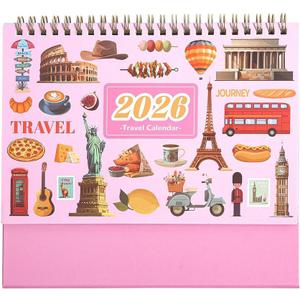2026 Calendar-Desk Calendars January-December Double Wire Flip-Up Desk Calendars - Monthly & Weekly Planner with Sticker Set, Featuring Famous World Travel Destinations for Vacation Inspiration for Home School, or Office (Pink)