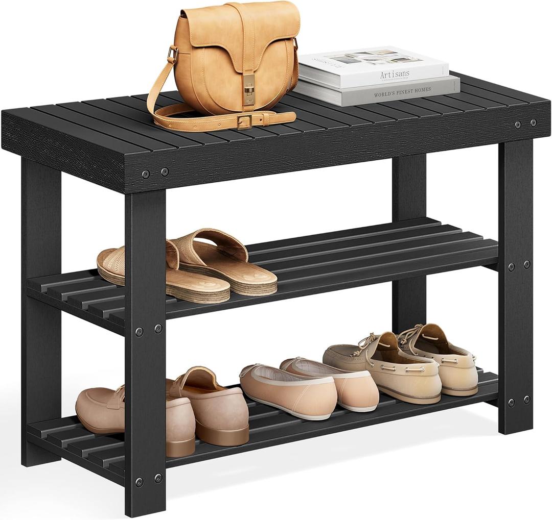 SONGMICS Shoe Rack Bench, 3-Tier Bamboo Shoe Storage Organizer, Entryway Bench, Holds Up to 286 lb, 11.3 x 27.6 x 17.8 Inches, for Entryway Bathroom Bedroom, Ink Black ULBS04H