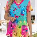 Scrub Tops for Women V Neck Printed Nurse Shirts Soft Knit Scrubs Short Sleeve Shirts for Women Workwear with 3 Pockets, XXL