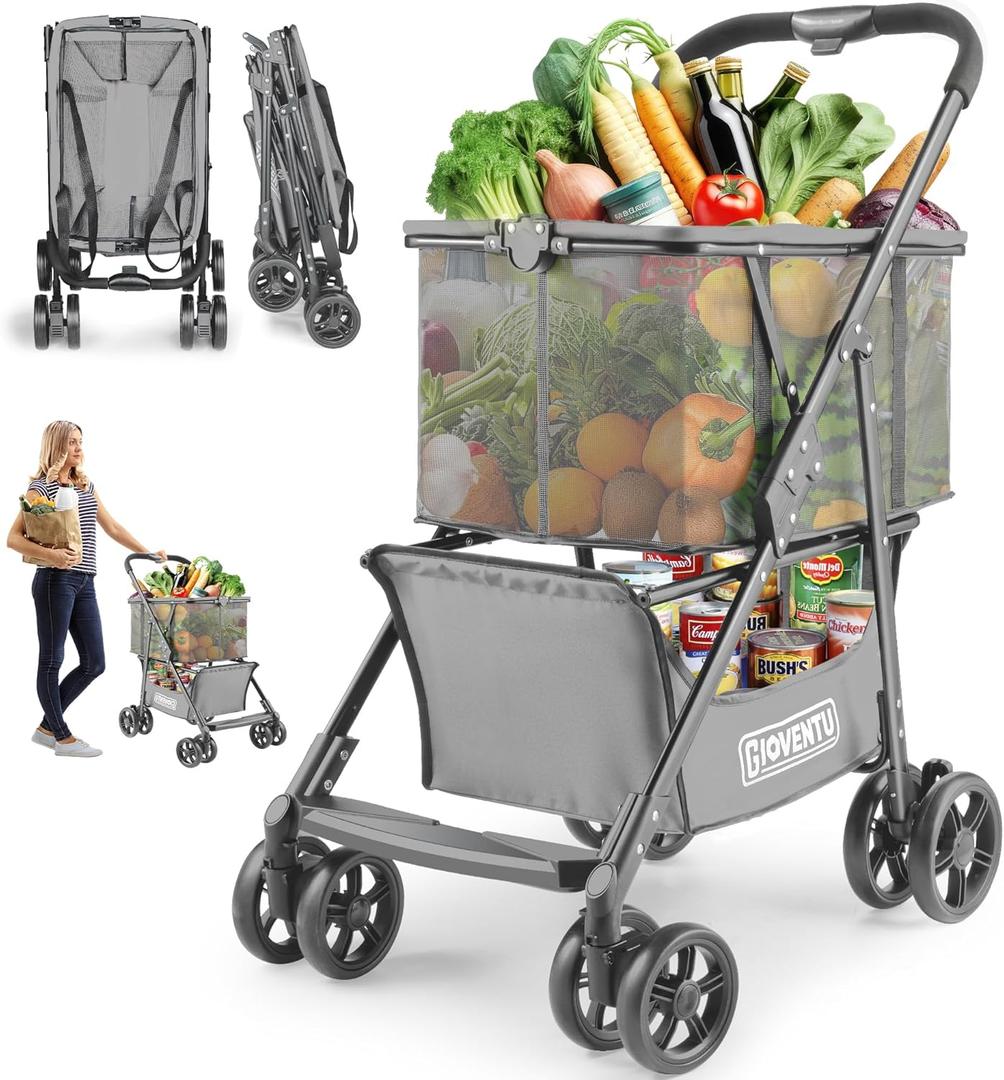 Folding Shopping Cart with Wheels, 80lbs Multi Use Grocery Carts with 360 Wheels & Removable Tote Bag, Multifunctional Portable Personal Shopping Carts for Groceries (Gray)