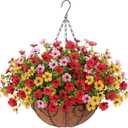 Artificial Flowers Hanging Basket for Outdoor Spring Summer Decor, Fake Silk Colorful Daisy Eucalyptus in 12" Metal Coconut Lining Pot Arrangement for Home Patio Yard Decor
(Red Yellow Pink)