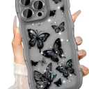 UEEBAI Wave Butterfly Case for iPhone 16 Pro Max Case, Pretty Bling Star Butterfly for Women Cute Shiny Glitter Phone Cover for Girls Bling Clear Cover Curly Shockproof Girly Shell - Black