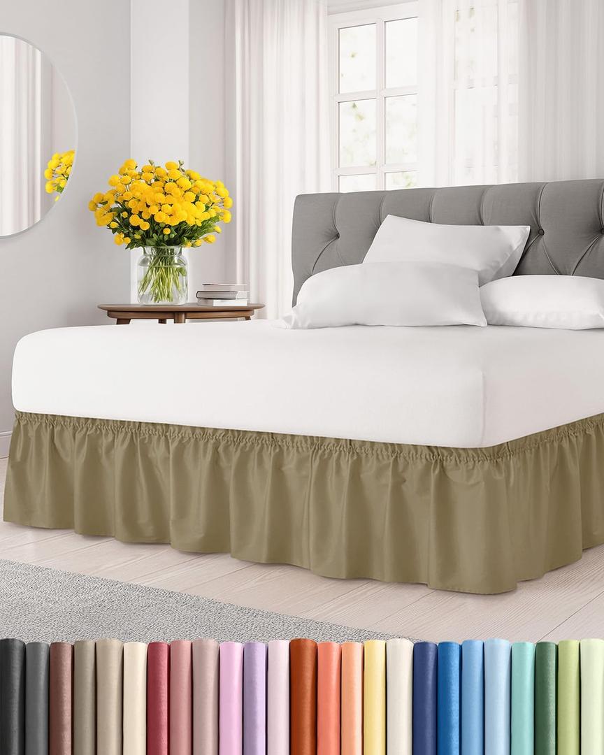Wrap Around Dust Ruffle Bed Skirt - Khaki - for King Size Beds w/ 21 Inch Drop - Easy Fit Elastic Strap - Adjustable Pleated Bedskirt w/Brushed Fabric - Wrinkle & Fade Free - Women, Men, Kids & Teens