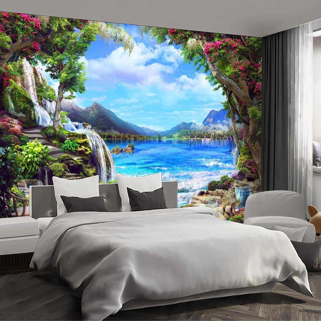 Landscape Lake Waterfall Wall murals Peel and Stick self Adhesive Wallpaper for Bedroom Living Room - 58"x86" (F05)