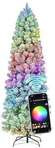 HOLLO STAR 6 ft Flocked Prelit Christmas Tree with 250 LED Lights, App Control, Skinny Artificial Pencil Christmas Tree, Multi-Color RGBW Lights, 770 Branch Tips, for Small Space, Home, Party