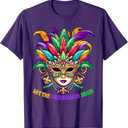 Let The Shenanigans Begin Mardi Gras Jester Mask Beads Women T-Shirt, M, Purple 
