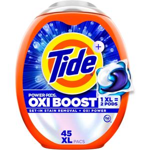 Tide Oxi Boost Power PODS Laundry Detergent Pods, 45 Count, HE Compatible, Stain Remover Plus Oxi Power, Removes Tough Set-In Stains