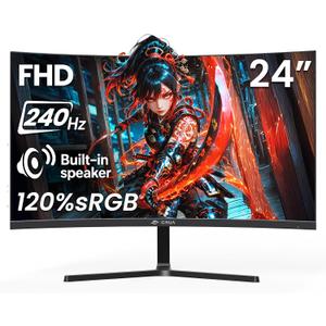 CRUA 24 240Hz Gaming Monitor, Curved FHD 1920 x 1080P, Built-in Speakers, Support 120% sRGB, AMD FreeSync, Low Motion Blur, Wall Mount Installs Compatible, for Office and Games(HDMI 2.0&DP 1.4)Black